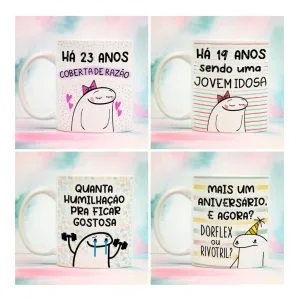 Quatro canecas brancas com desenhos de personagens e frases engraçadas em português.