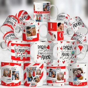 Coleção de canecas brancas com fotos de casais e mensagens românticas.
