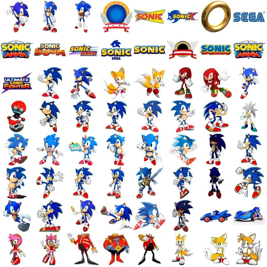 Coleção de imagens digitais do personagem Sonic e outros elementos em fundo branco.