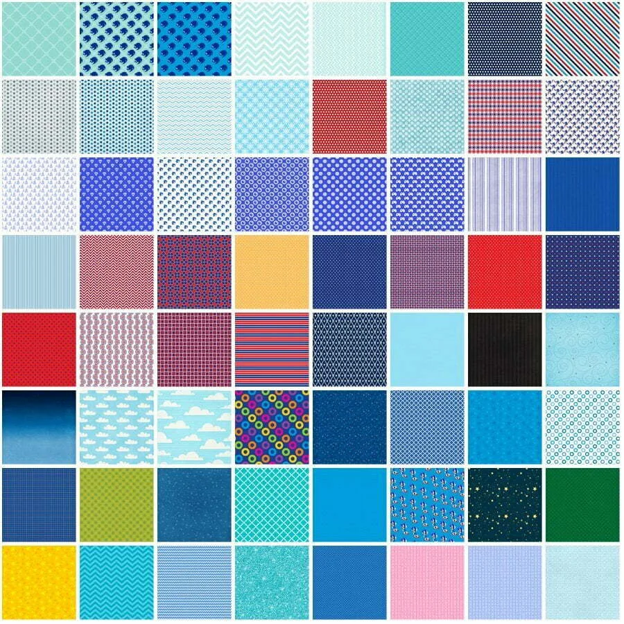 Coleção de quadrados coloridos com estampas variadas, incluindo listras, poás e formas geométricas.