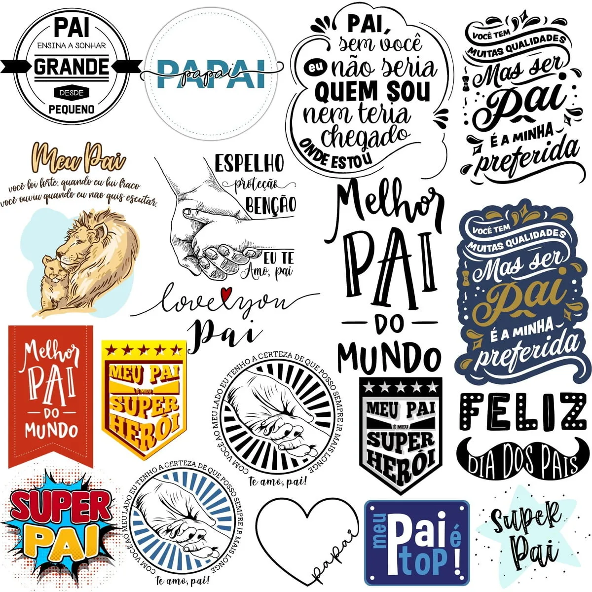 Artes Prontas Frases Vetores Png Lettering Dia Dos Pais 4 Conjunto de estampas com frases e ilustrações temáticas sobre pais em fundo branco.