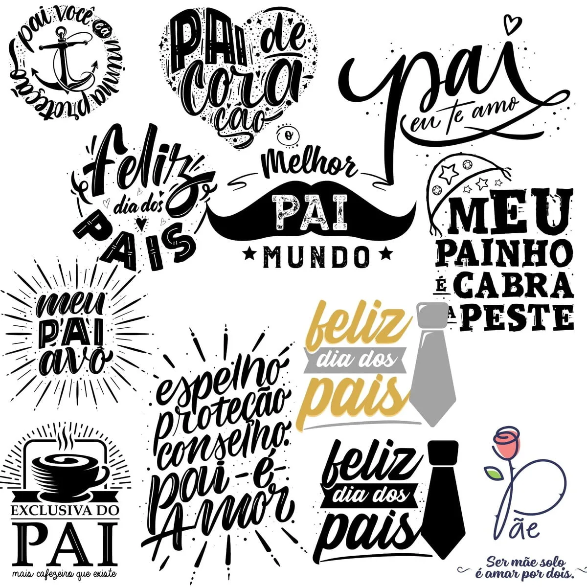 Artes Prontas Frases Vetores Png Lettering Dia Dos Pais 2 Coleção de ilustrações gráficas com frases comemorativas em português sobre pais e família.
