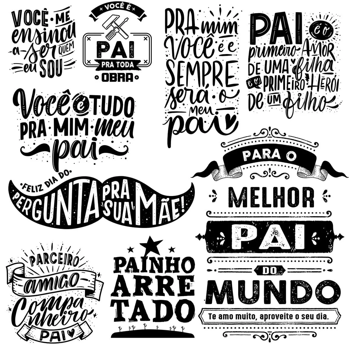 Artes Prontas Frases Vetores Png Lettering Dia Dos Pais 1 Conjunto de ilustrações com frases em letras estilizadas sobre pais em fundo branco.