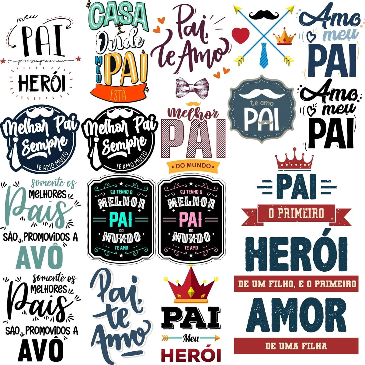 Artes Prontas Frases Vetores Png Lettering Dia Dos Pais 3 Coleção de frases e ilustrações decorativas com tema sobre pais em fundo branco.