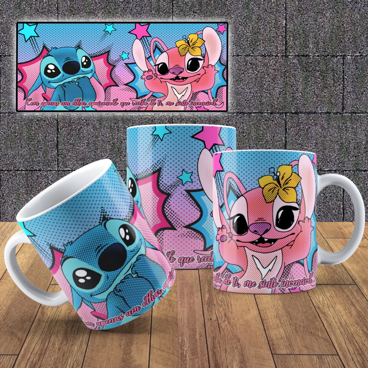 Artes Sublimação Stitch e Angel PNG para Dia dos Namorados 3 Arte digital de personagens azuis e rosas em estilo pop art em canecas e quadro.
