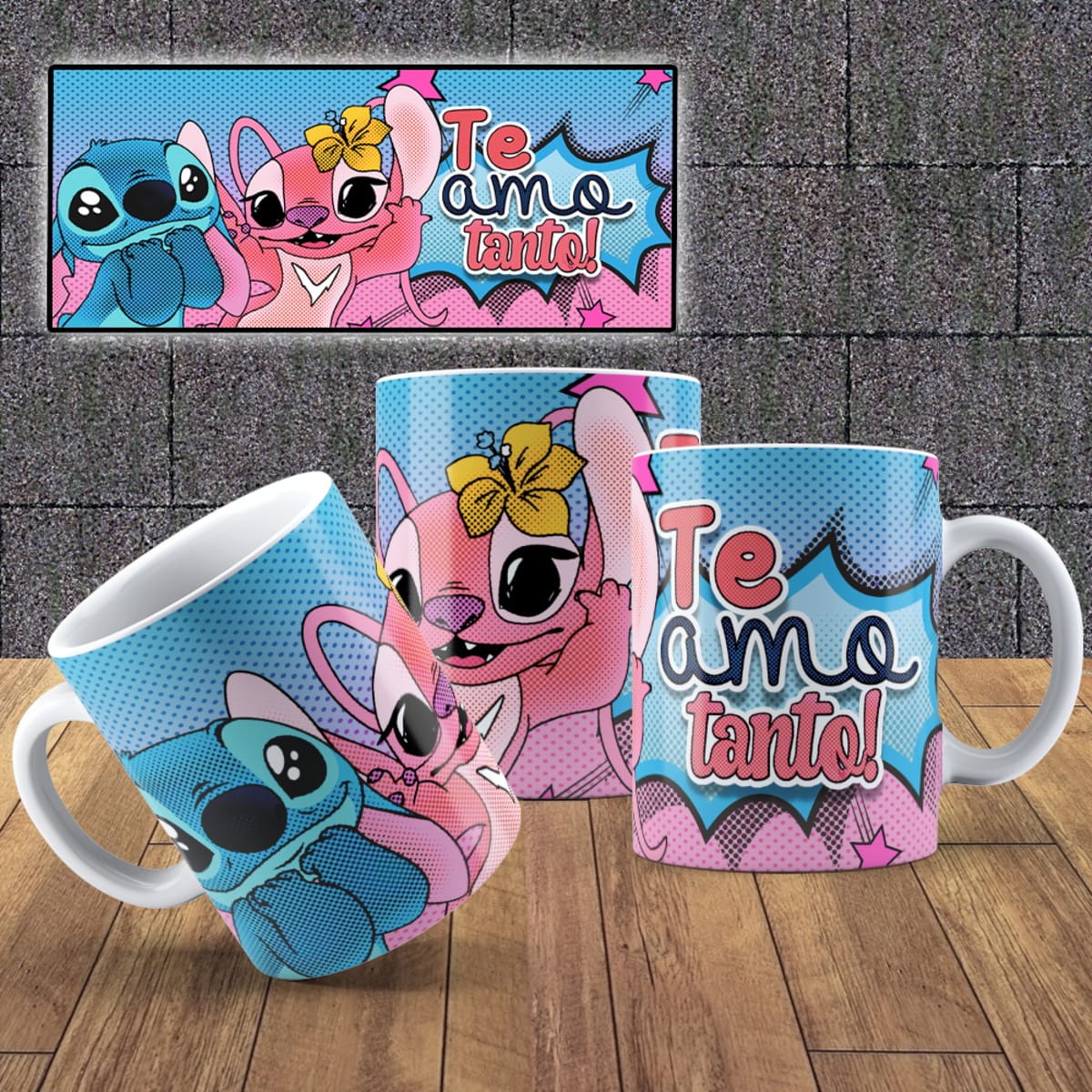 Artes Sublimação Stitch e Angel PNG para Dia dos Namorados 4 Arte digital com dois personagens alienígenas fofos e a frase 'Te amo tanto!'.