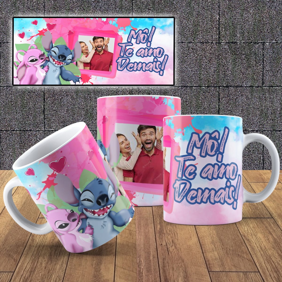 Artes Sublimação Stitch e Angel PNG para Dia dos Namorados 5 Design de arte digital para caneca e banner com personagens, corações e foto de casal.