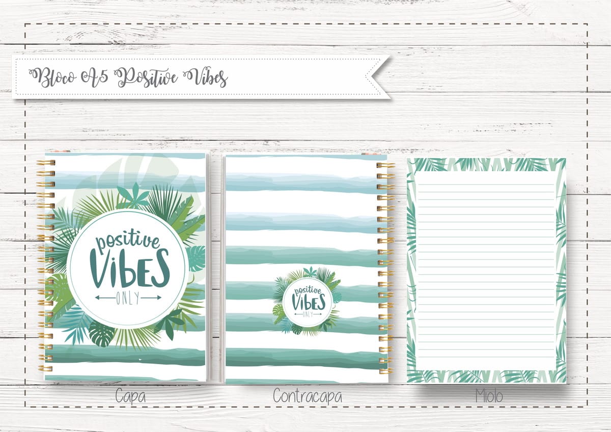 Bloco A5 Positive Vibes Kit Digital para Encadernação 1 Arte digital de caderno com capa, contracapa e miolo listrados em tons de verde e branco