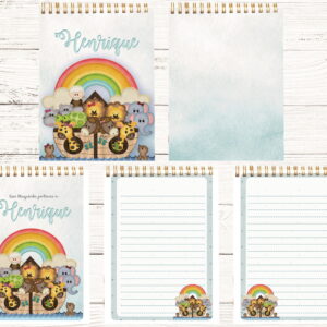 Conjunto de capas e folhas pautadas com ilustração infantil de animais em arca arco-íris.