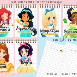 Seis capas de cadernos com ilustrações de personagens femininas e palavras motivacionais escritas abaixo.