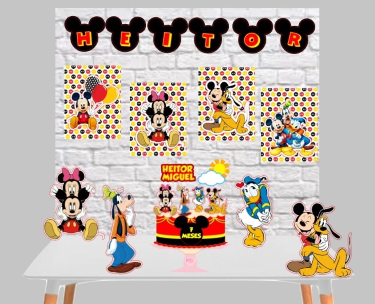 Arquivo de corte Mickey com topo de bolo e bandeirinhas 1 Decoração digital com diversas figuras de desenho animado e elementos de festa infantis.