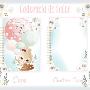 Caderno com capa ilustrada de coelho em balões e contracapa decorada com flores.