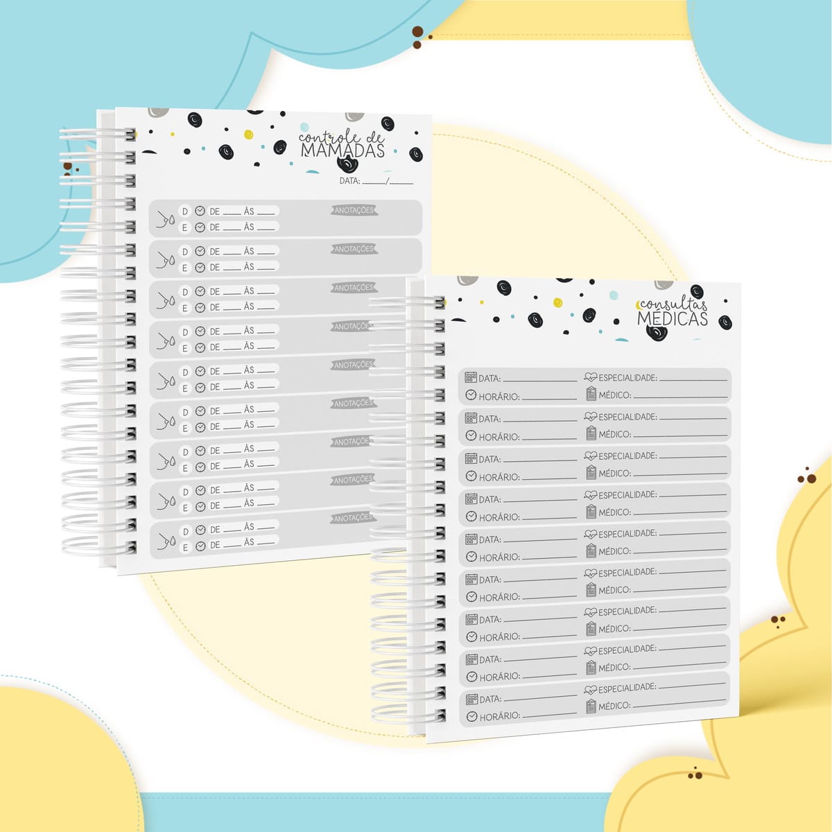 Caderneta de Saúde Digital Menino para Imprimir e Editar 4 Dois planners digitais abertos, um para controle de mamadas e outro para consultas médicas.