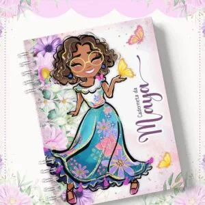 Caderneta espiral ilustrada com personagem feminina sorridente e flores em tons pastéis.