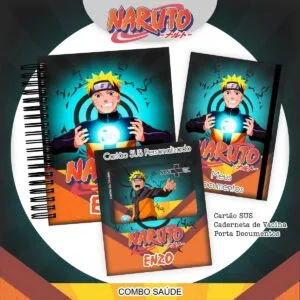 Caderno, caderneta de vacina e porta documentos personalizados com tema de anime.