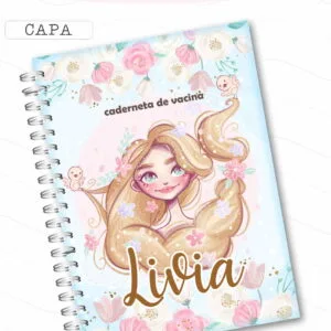 Caderno espiral ilustrado com personagem de cabelos longos loiros, flores e fundo azul.