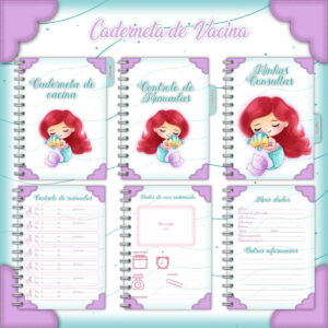 Seis cadernos em espiral ilustrados com sereia de cabelo vermelho e peixe.