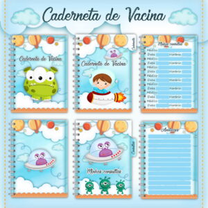 Páginas digitais de caderneta de vacina com temas espaciais, monstros e astronautas.