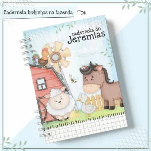 Caderneta com ilustrações de animais da fazenda, celeiro, moinho e grade de caderno.