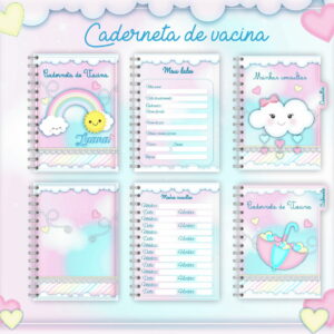 Seis páginas digitais de uma caderneta de vacinação infantil ilustrada.