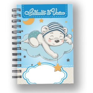 Caderno espiral azul com ilustração de urso dormindo sobre uma nuvem.