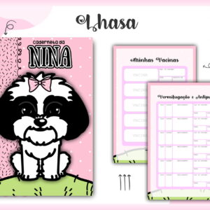 Caderno espiral rosa ilustrado com um cachorrinho preto e branco na capa