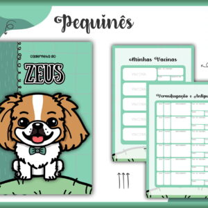 Caderneta personalizada com ilustração de cachorrinho fofo e páginas internas visíveis.