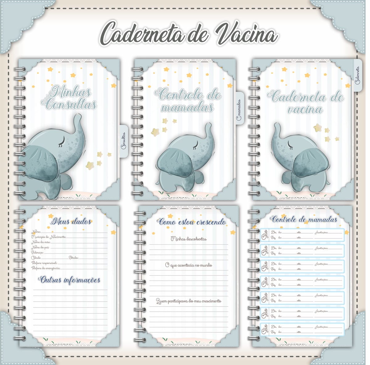 Caderneta de Vacina Personalizada Elefantinho Cinza Digital 1 Seis páginas de caderno infantil com desenhos de elefantes e estrelas em tons pastéis.