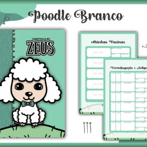 Capa e páginas internas de caderneta com desenho de cachorro poodle branco e verde.