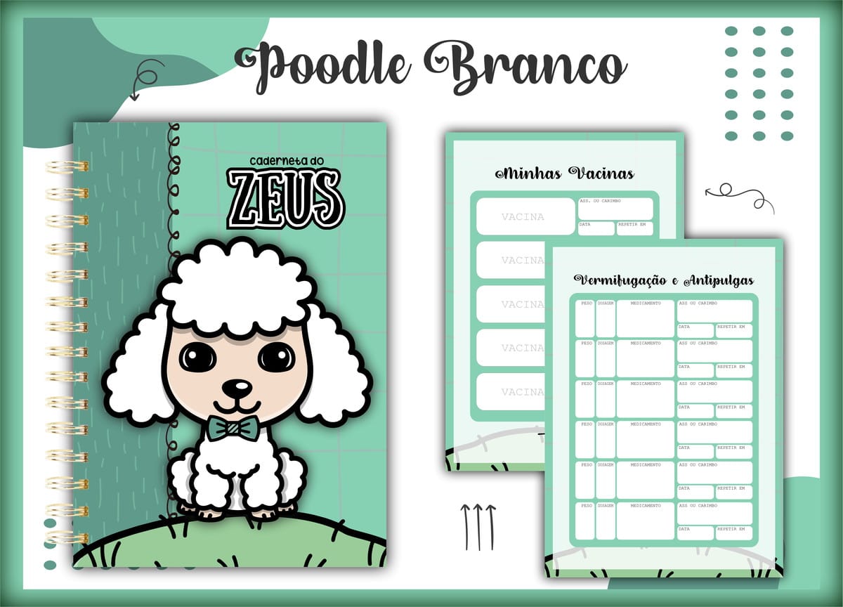 Caderneta de Vacina Poodle Branco Macho em PDF 1 Capa e páginas internas de caderneta com desenho de cachorro poodle branco e verde.