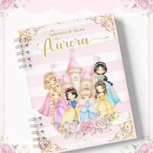 Capa de caderno personalizada com ilustrações de princesas e castelo.