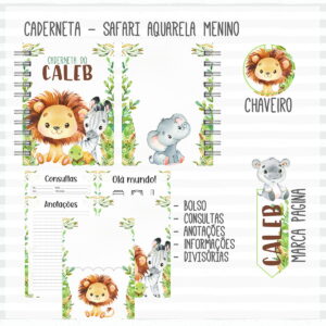 Arte digital de caderneta infantil com tema safari, animais aquarela e páginas internas.