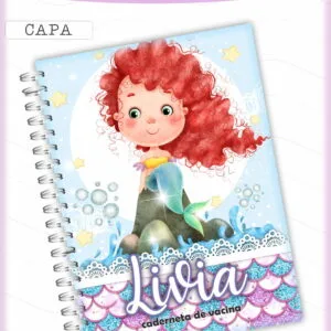 Capa de caderno com ilustração de sereia ruiva em fundo azul.