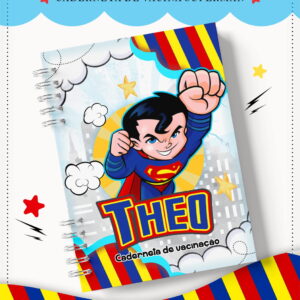 Arte digital de capa de caderneta infantil com personagem de super-herói voando.