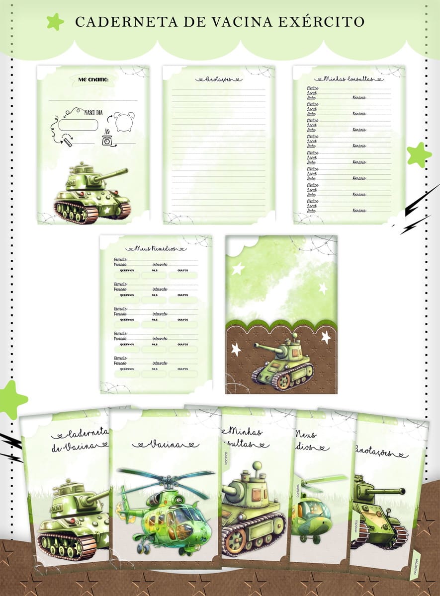 Caderneta de Vacina Tema Militar em PDF para Imprimir 2 Caderneta verde decorada com tanques de guerra e helicópteros infantis.