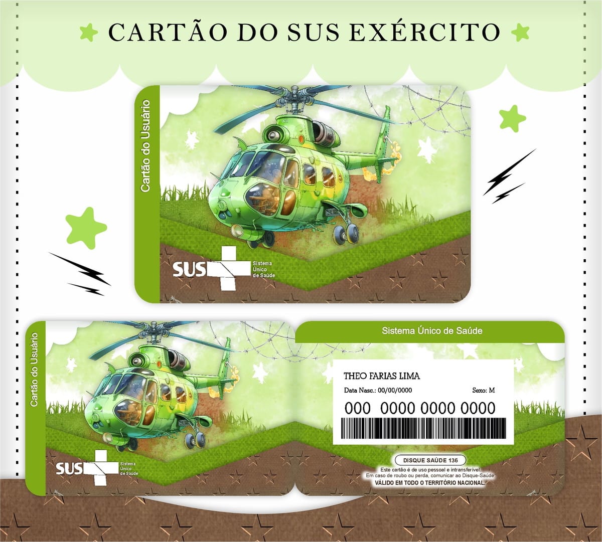 Caderneta de Vacina Tema Militar em PDF para Imprimir 3 Arte digital de cartão com tema militar verde e helicóptero.