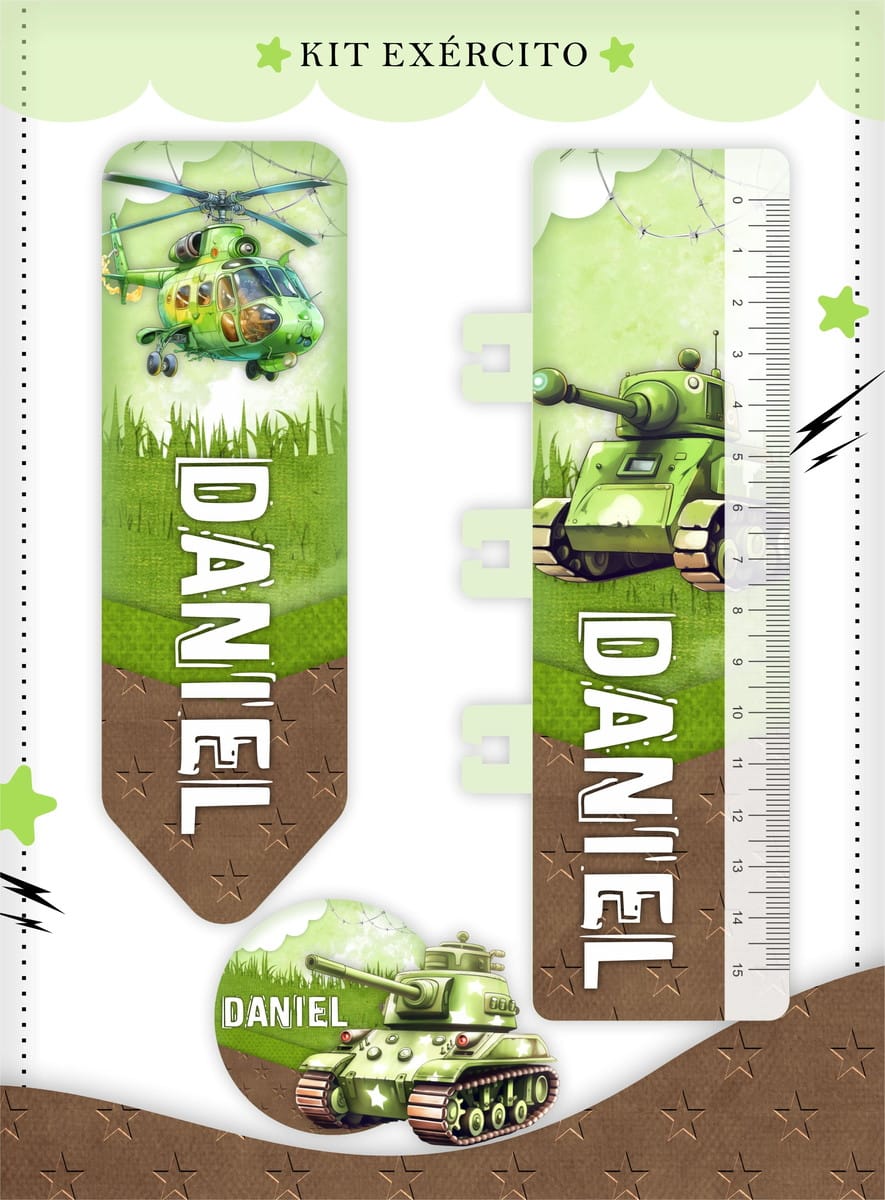 Caderneta de Vacina Tema Militar em PDF para Imprimir 4 Arte digital com tema militar verde contendo helicóptero, tanque e régua com nome.