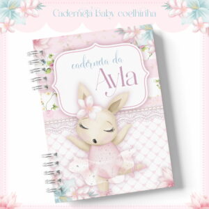 Caderno personalizado com espiral metálica, estampa de coelha bailarina e flores em tons rosa