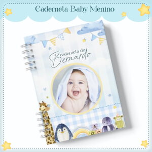 Caderneta espiral azul com ilustrações infantis de animais e foto de bebê centralizada.