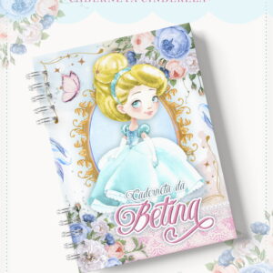 Caderno espiral com ilustração de princesa loira e flores em tons de azul claro.