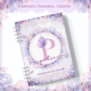 Arte digital de caderneta de vacina com capa de borboletas roxas e letra P.