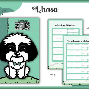 Capa e páginas internas de uma caderneta com tema de cachorro.