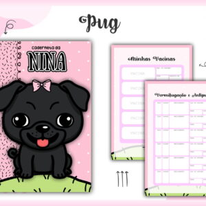 Capa e páginas internas de uma caderneta com tema de cachorro pug.