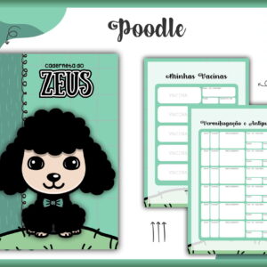 Caderno personalizado com ilustração de cachorrinho preto e páginas internas de controle veterinário