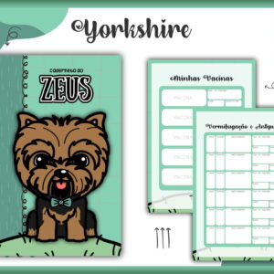 Caderneta personalizada com ilustração de cão e páginas para controle de vacinas e vermífugos.