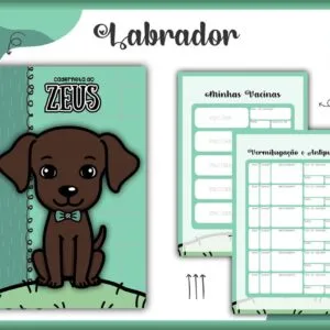 Caderneta de vacinação para cachorro labrador com arte de filhote em tons esverdeados.