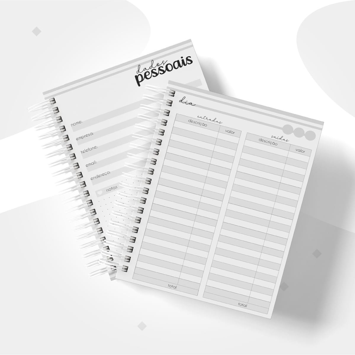 Caderno Controle Financeiro Masculino PDF para Imprimir 2 Duas agendas digitais abertas, uma com dados pessoais e outra para finanças.