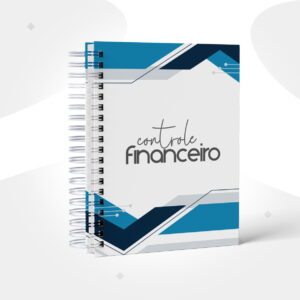 Caderno com espiral branco e capa azul com "controle financeiro" escrito.