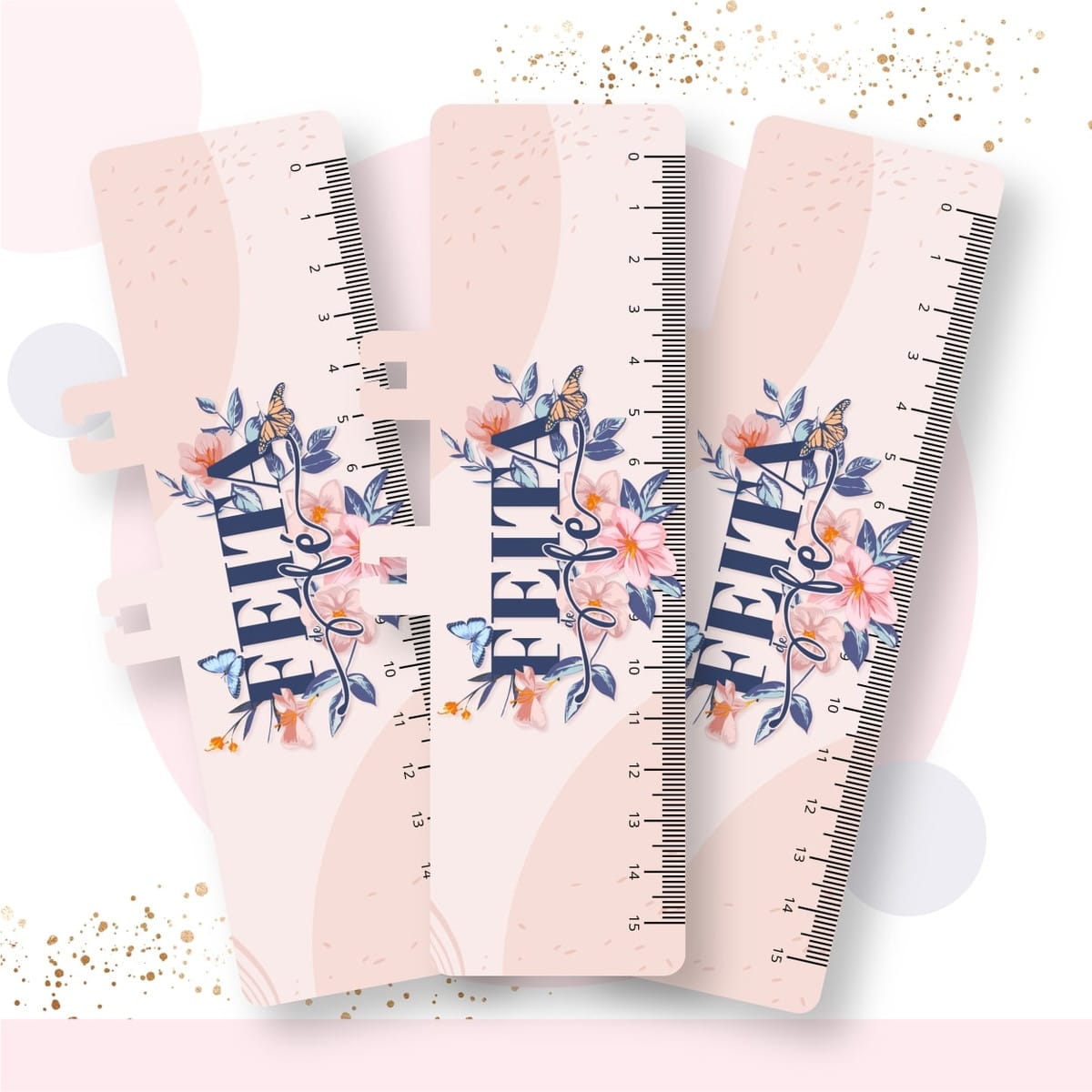 Kit Digital Caderno Cristão Floral A5 para Encadernação 3 Três réguas digitais decoradas com flores, borboletas e a palavra MÃE em azul.