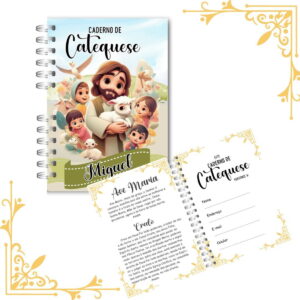 Caderno de Catequese digital com capa ilustrada, figuras religiosas e crianças.